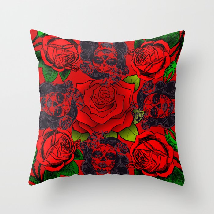 Rose Day Of The Dead Roses Tattoo Red Floral Collage Woman Print Throw Pillow