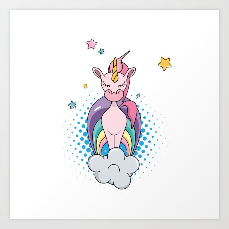 Vector Flat Funny Magic Unicorn On Cloud Isolated On White