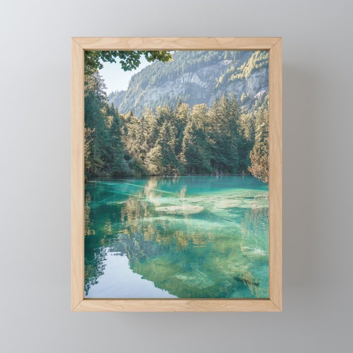 Blue Lake Mountain Reflection Photo | Landscape In Switzerland Art Print | Blausee Nature Travel Photography Framed Mini Art Print
