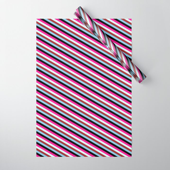 Vibrant Deep Pink, Light Cyan, Brown, Sky Blue, and Black Colored Lines Pattern Wrapping Paper