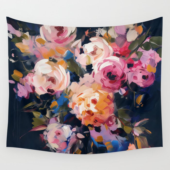 Splashes of Pink and Navy Flowery Art Wall Tapestry