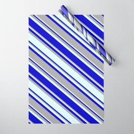 [ Thumbnail: Blue, Dark Grey & Light Cyan Colored Pattern of Stripes Wrapping Paper ]