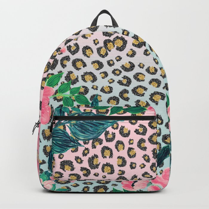 Girly Pink Mint Ombre Floral Leopard Print Glitter Image Backpack