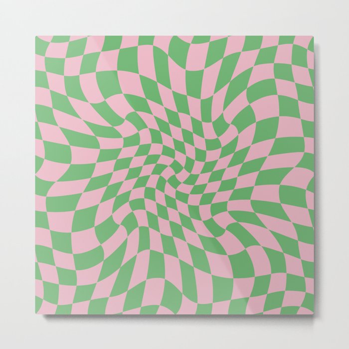 Green & Pink Warped Checkerboard Metal Print