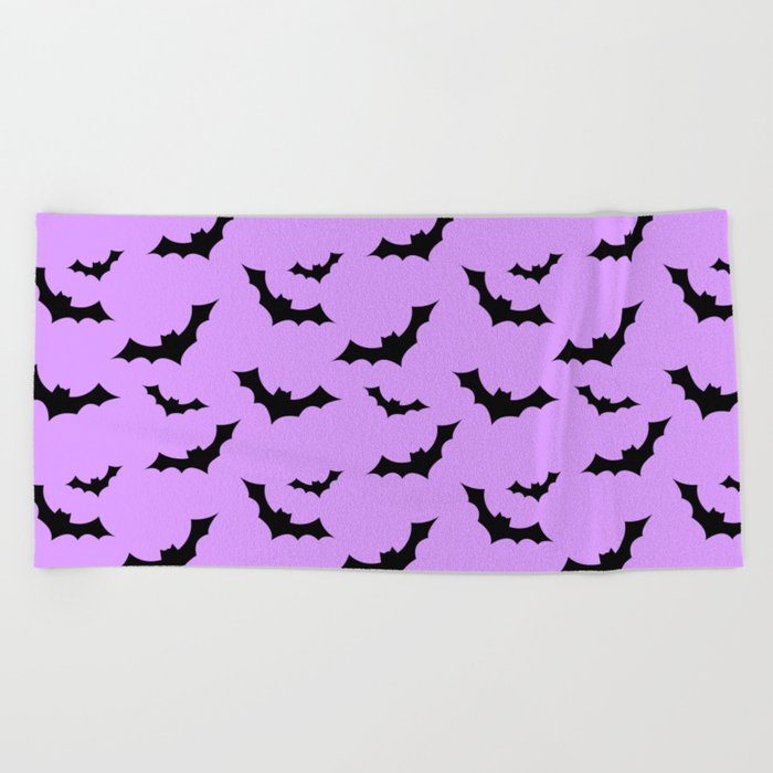 Black Bat Pattern on Purple Beach Towel