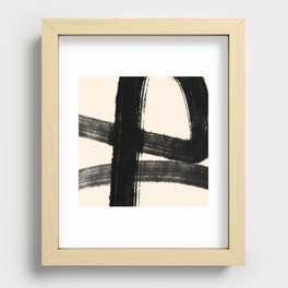Abstract Minimalist Painted Brushstrokes in Black and Almond Cream 1 Recessed Framed Print