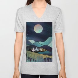 Mountains landscape full moon mixed media V Neck T Shirt