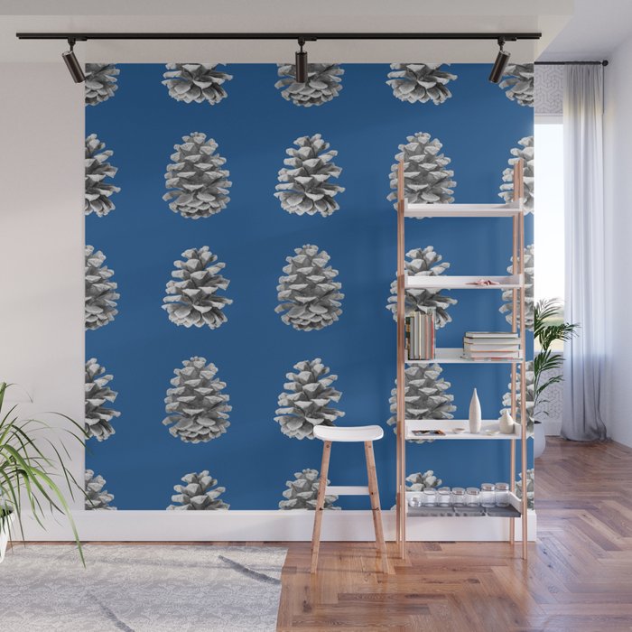 Monochrome Pine Cones Winter Blue Wall Mural