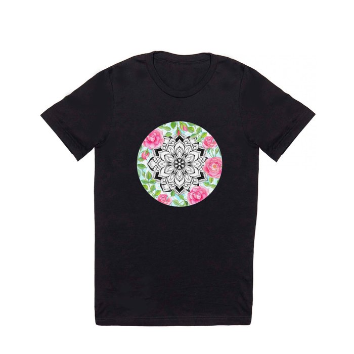 Pink Roses and Mandalas on Sky Blue Lace T Shirt