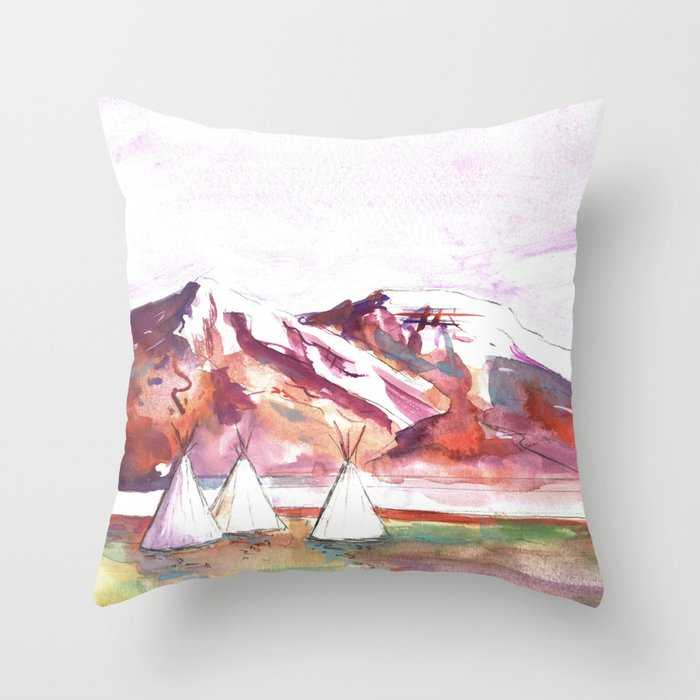 Three Jewels Watercolor Painting of Three Tipis Throw Pillow