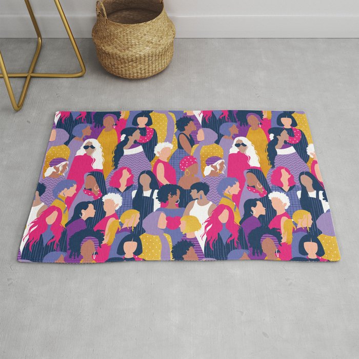Every day we glow International Women's Day // midnight navy blue background purple, violet, very peri fuchsia pink and gold humans  Rug