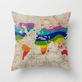 Rainbow color painted world map on dirty old grunge cement wall Throw Pillow
