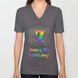 [ Thumbnail: 7th Birthday - Fun Rainbow Spectrum Gradient Pattern Text, Bursting Fireworks Inspired Background V Neck T Shirt V-Neck T-Shirt ]