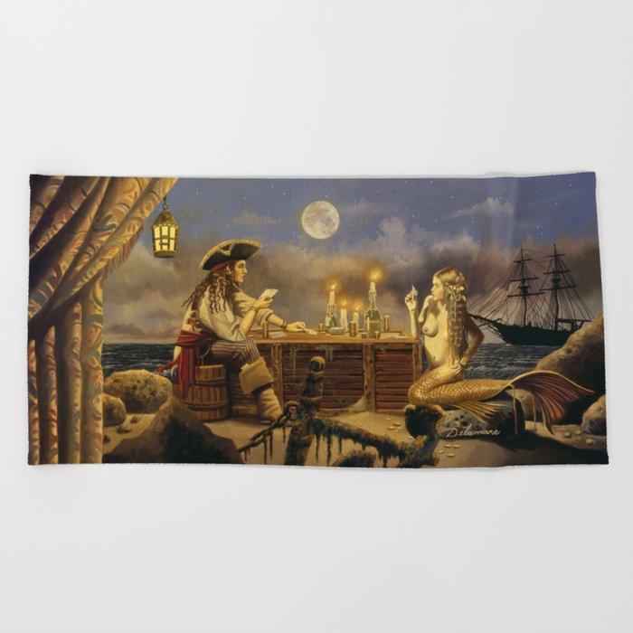 "The Wager" by David Delamare (Pirate and Mermaid playing cards) Beach Towel