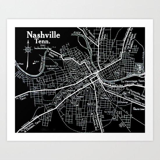 Vintage Nashville Black Art Print