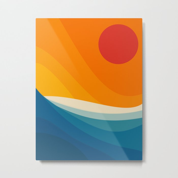 Abstract colorful landscape with wavy sea and sun Metal Print