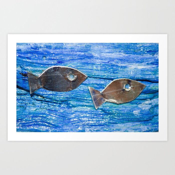 Tin Fish On Acrylic Painted Driftwood Art Print By