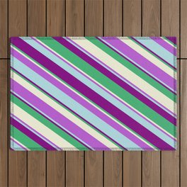 [ Thumbnail: Eye-catching Orchid, Powder Blue, Purple, Sea Green & Beige Colored Stripes/Lines Pattern Outdoor Rug ]