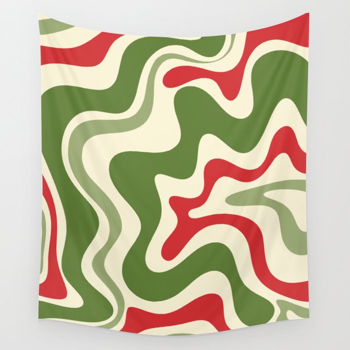 Retro Christmas Swirl Abstract Pattern in Olive Green, Sage, Xmas Red, and Cream Wall Tapestry
