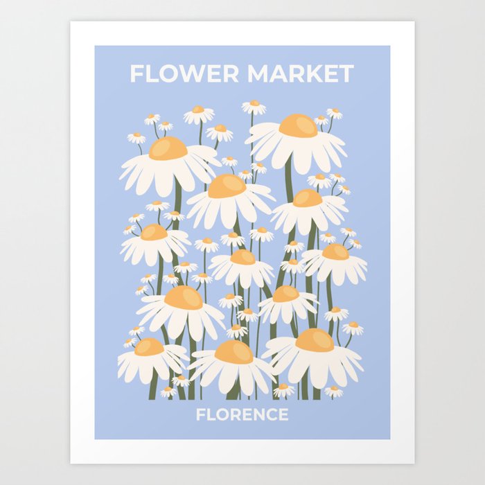 Flower Market Print, Florence, Retro Flower Art, Blue Art, Floral Art Art Print
