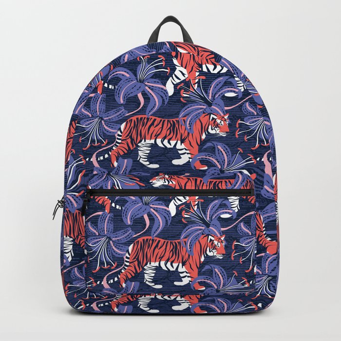 Tigers in a tiger lily garden // textured navy blue background coral wild animals very peri flowers Backpack