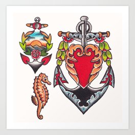 Anchors and seahorse Art Print