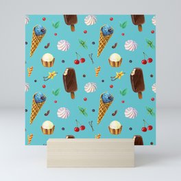 ice cream painting on blue, watercolor Popsicles Ice Cream Cones print, cute decor Mini Art Print