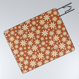 Retro Groovy Daisy Flower Power Vintage Boho Pattern with Stripes in Terracotta, Clay, Rust Picnic Blanket