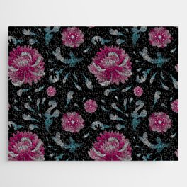 Embroidered Boho Pink Flowers Jigsaw Puzzle