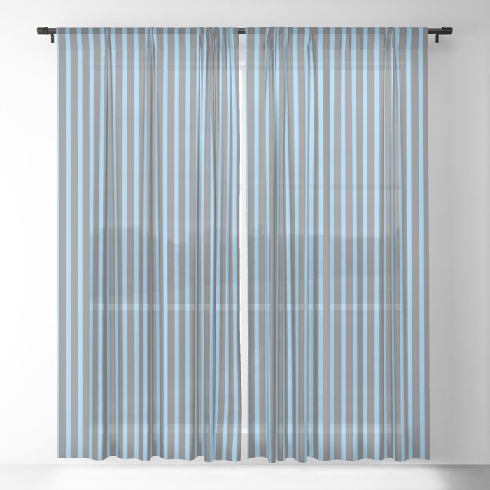Light Sky Blue & Dim Grey Colored Lines/Stripes Pattern Sheer Curtain