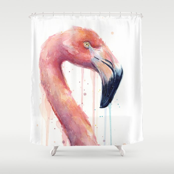 Watercolor Pink Flamingo Illustration | Facing Right Shower Curtain
