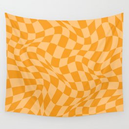 Warped Checkered Pattern in Summer Golden Orange Wall Tapestry