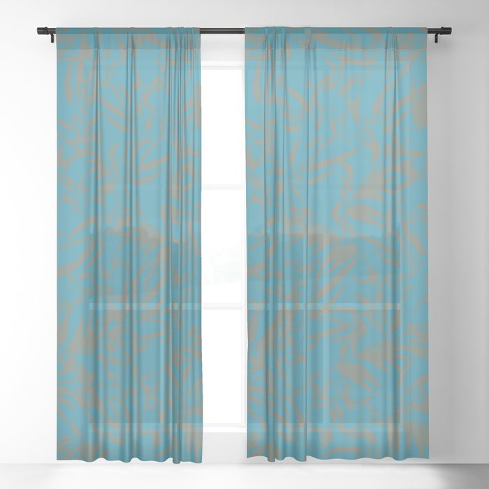 Dark Grey Eucalyptus Leaves On Peacock Blue Pattern Sheer Curtain