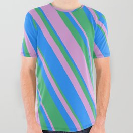 [ Thumbnail: Blue, Sea Green, and Plum Colored Pattern of Stripes All Over Graphic Tee ]