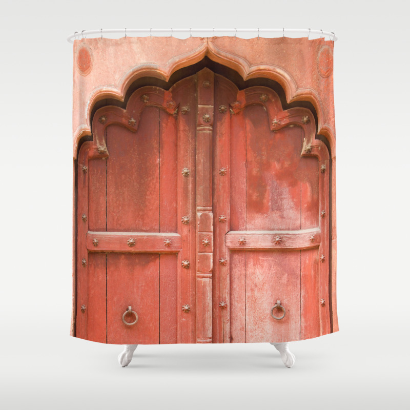 Ancient Red Wooden Door In Agra Uttar, Wood Door Shower Curtain