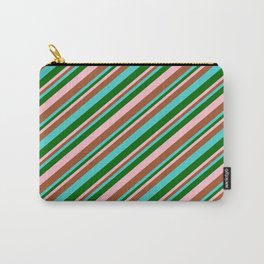 [ Thumbnail: Turquoise, Dark Green, Pink, and Sienna Colored Lines Pattern Carry-All Pouch ]
