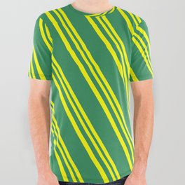 [ Thumbnail: Yellow and Sea Green Colored Stripes Pattern All Over Graphic Tee ]
