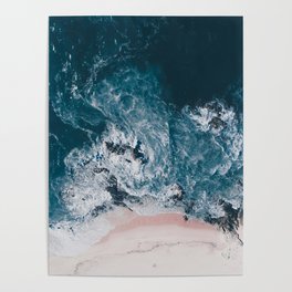 Beach Print - Aerial Ocean - Pink Sand with Words Love - Crashing Waves - Sea - Travel photography Poster