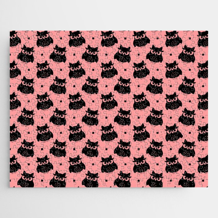 Black Cute Owl Seamless Pattern on Sweet Pink Background Jigsaw Puzzle