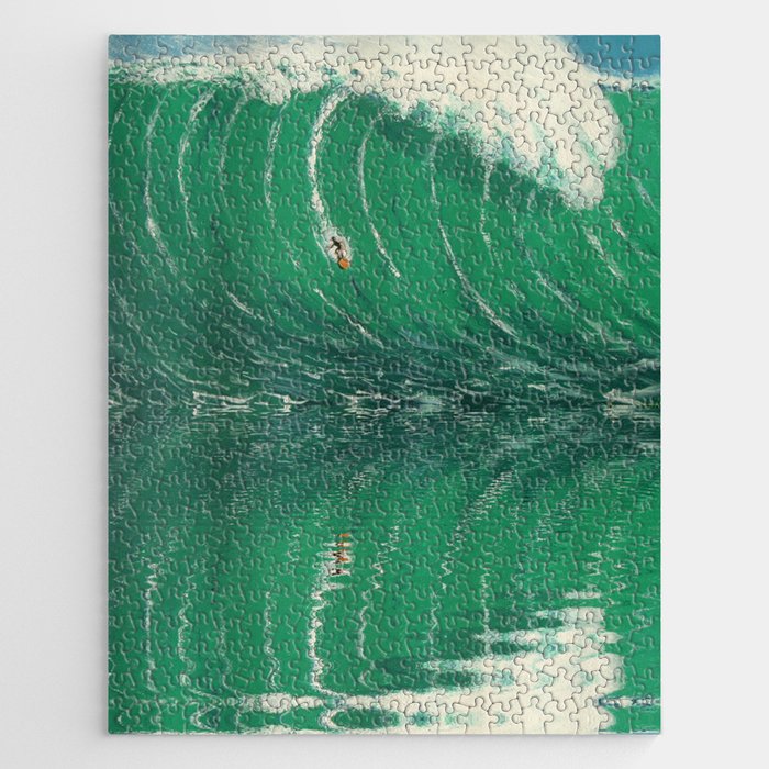 Extreme surfing pipeline wave with mirrored reflection, nazara, california, gulf of mexico, florida keys, hawaii surf landscape painting in emerald green Jigsaw Puzzle