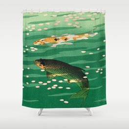 Vintage Japanese Woodblock Print Asian Art Koi Pond Fish Turquoise Green Water Cherry Blossom Shower Curtain