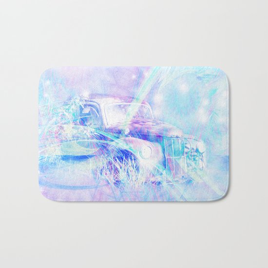 Old car in pink and blue space Bath Mat