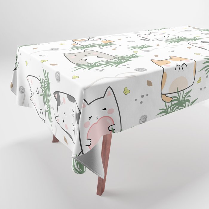 Kawaii Cats In Nature Pattern Tablecloth