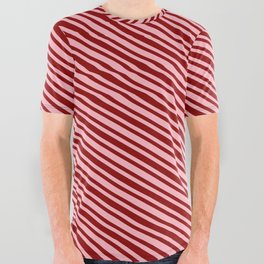 [ Thumbnail: Light Pink & Dark Red Colored Pattern of Stripes All Over Graphic Tee ]