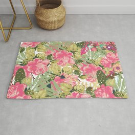 Country botanical pink forest green roses floral greenery Rug