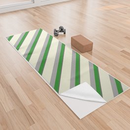 [ Thumbnail: Dim Grey, Forest Green, Dark Gray & Beige Colored Pattern of Stripes Yoga Towel ]