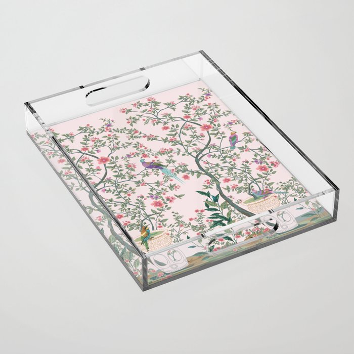 Chinoiserie Blush Pink Fresco Floral Garden Birds Oriental Botanical Acrylic Tray