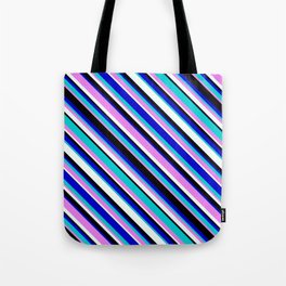 [ Thumbnail: Eyecatching Blue, Dark Turquoise, Violet, Mint Cream, and Black Colored Stripes Pattern Tote Bag ]