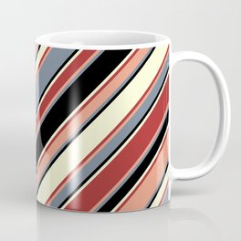 [ Thumbnail: Vibrant Dark Salmon, Slate Gray, Black, Light Yellow, and Brown Colored Lines/Stripes Pattern Coffee Mug ]