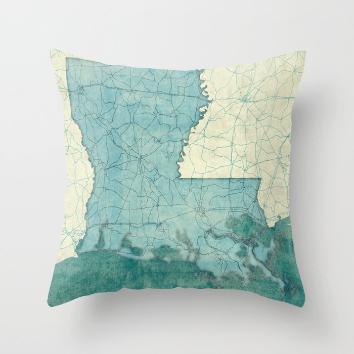 Louisiana State Map Blue Vintage Throw Pillow